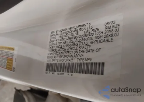 2023 Honda Pilot Awd Touring from USA, damaged, VIN 5FNYG1H75PB054251